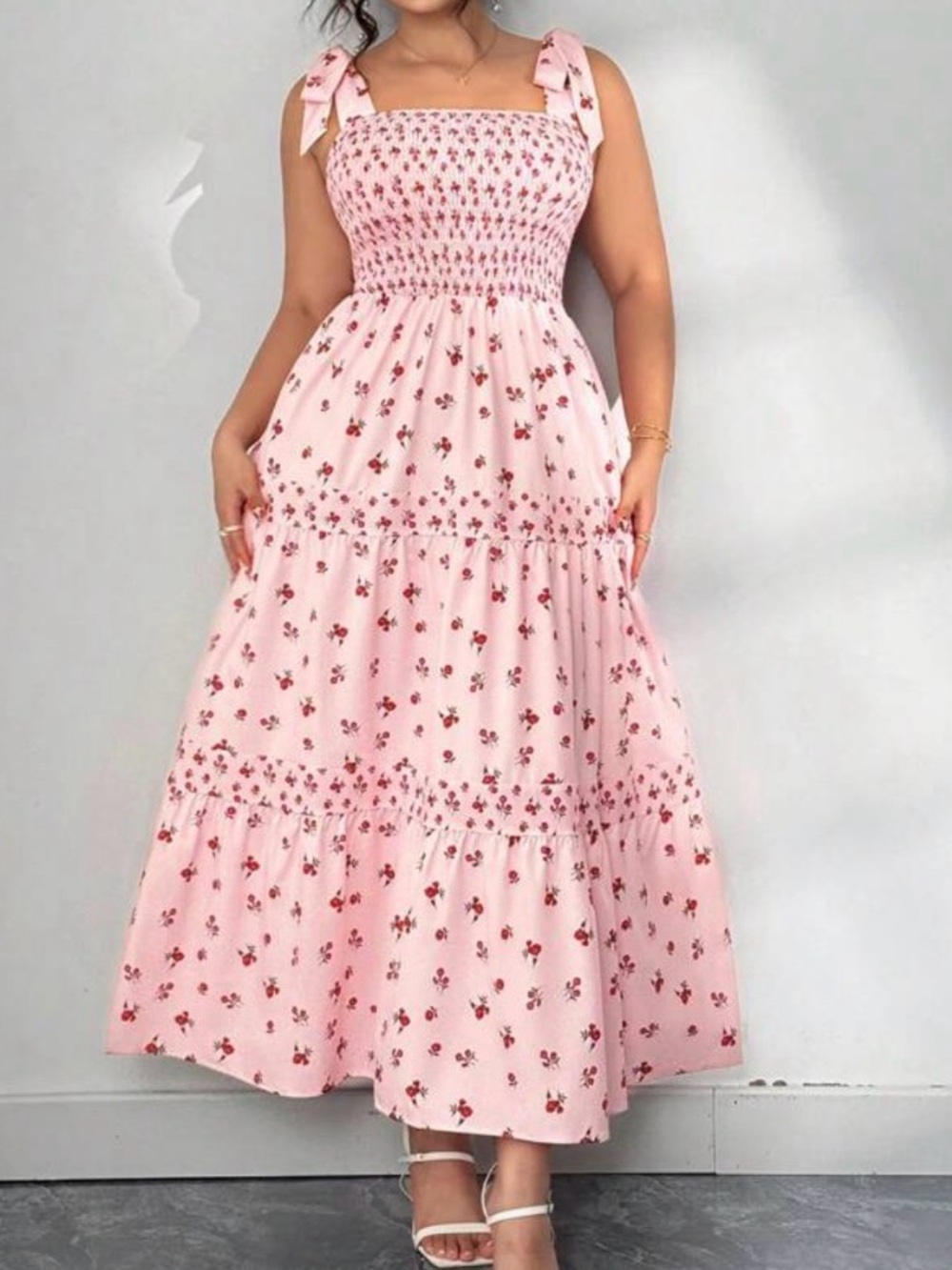 SHEIN Women’s Pink Floral Tie-Shoulder Maxi Dress